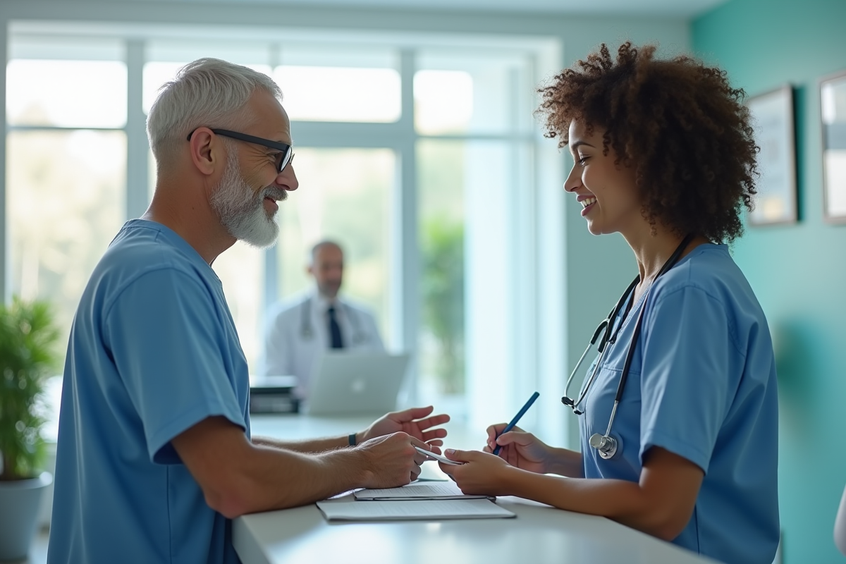 Patient parlant avec une receptionniste à l'hôpital