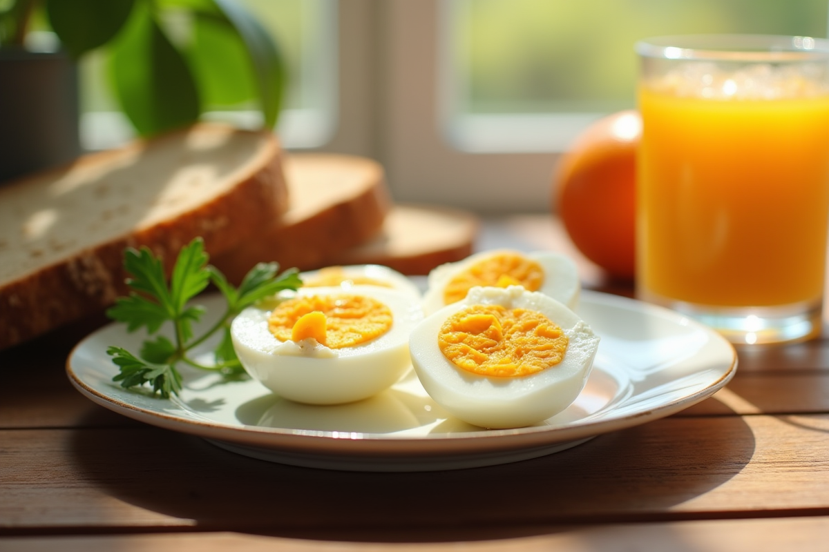 Table de petit déjeuner en bois avec œufs durs coupés et jus d'orange