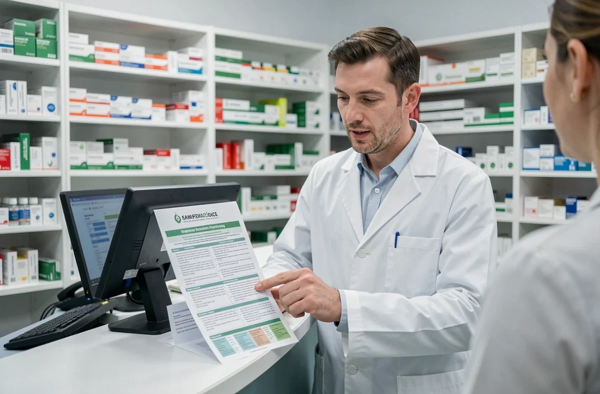 Pharmacien expliquant la durée d'action de la cortisone à un patient devant un comptoir de pharmacie