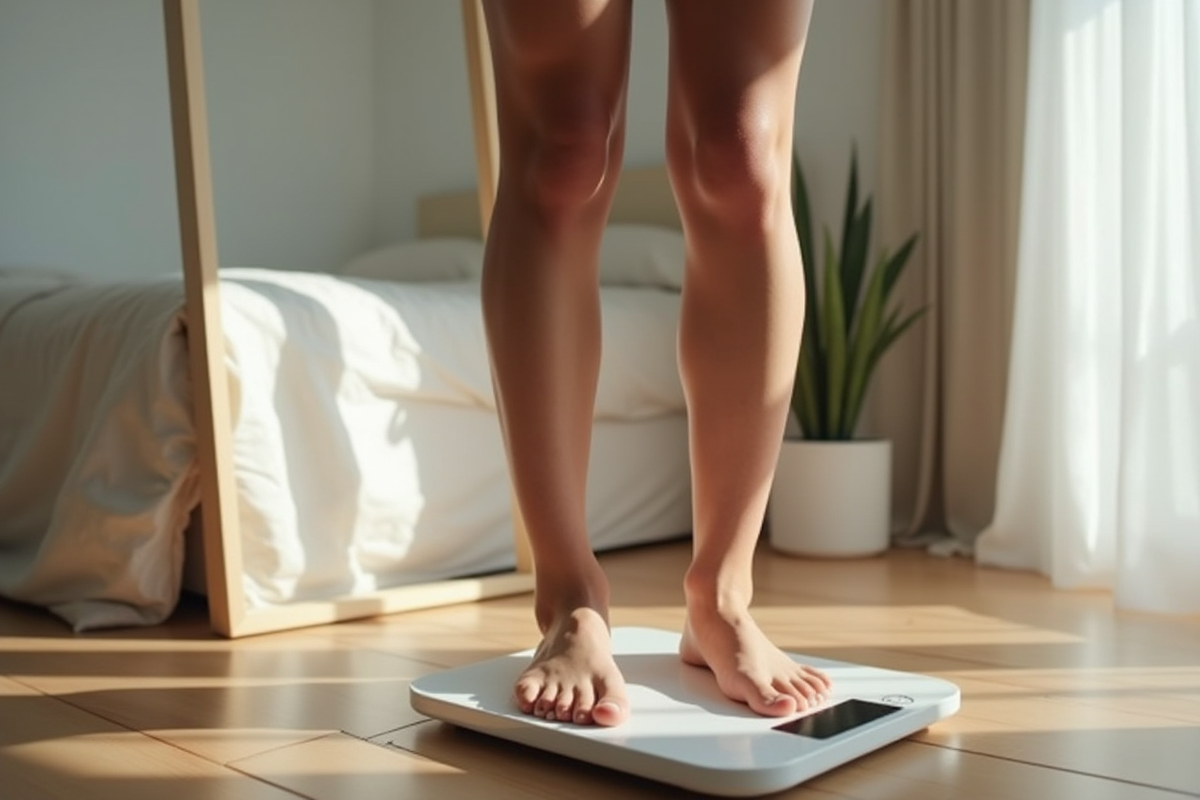 Personne sur la balance avec miroir reflet corps sain et athletique