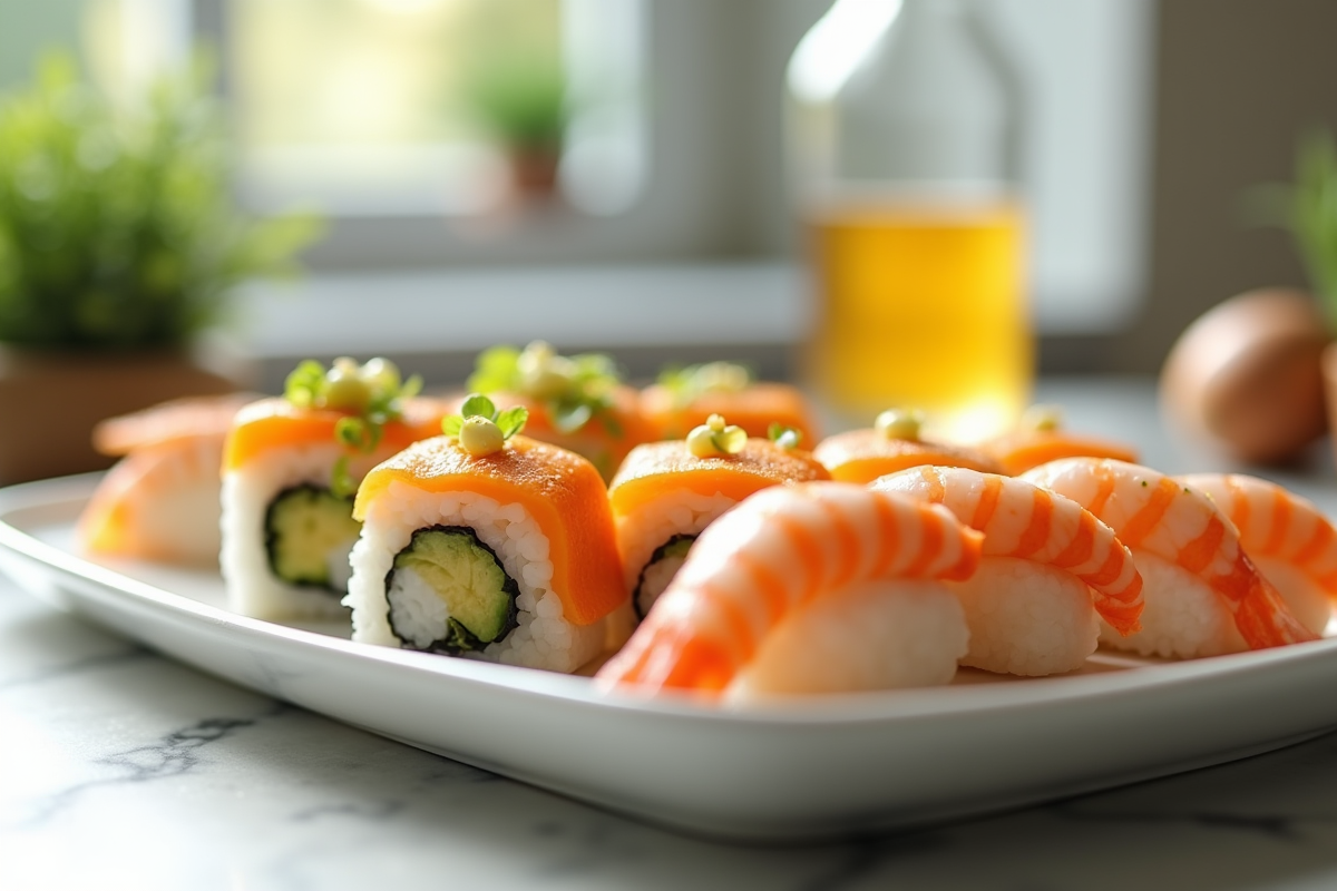 Plateau de sushi avec ingrédients sûrs pour grossesse en cuisine moderne
