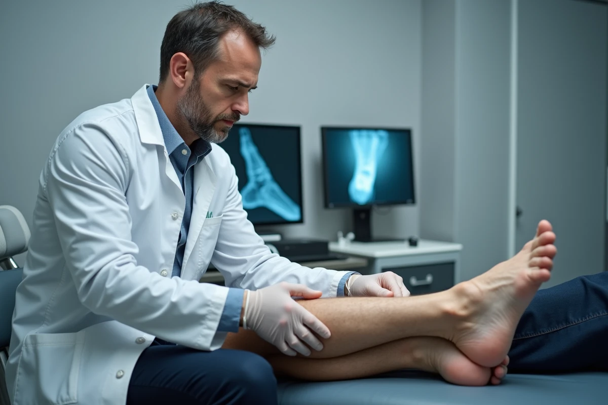 Podologue examinant le talon d'un patient pour diagnostiquer une épine calcanéenne en cabinet médical