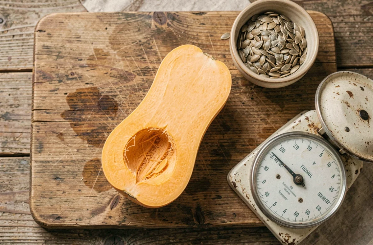 Courge butternut coupée en deux sur une planche en bois avec une balance de cuisine pour mesurer les portions caloriques