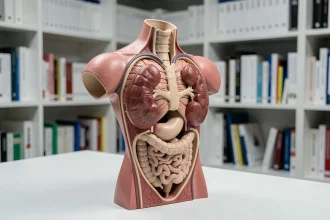 Modèle anatomique du torse humain montrant la position des reins de chaque côté de la colonne vertébrale