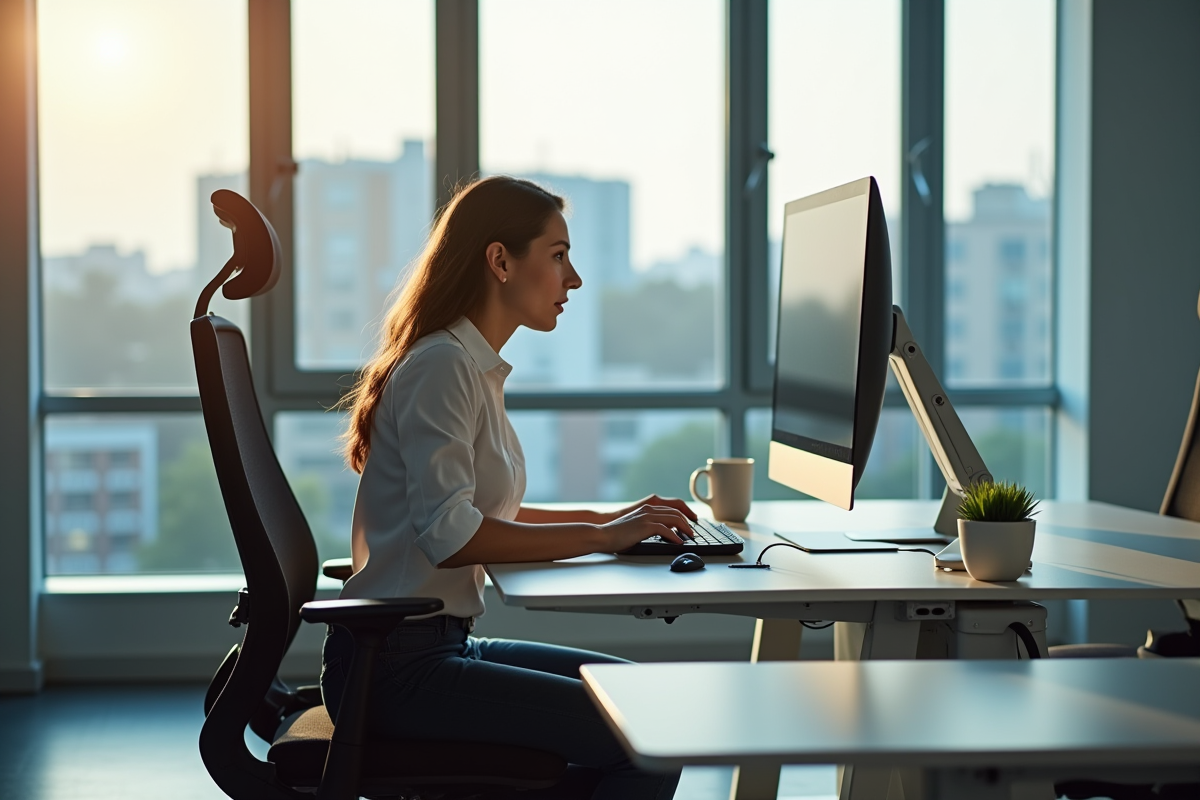 Employé de bureau assis à un poste ergonomique avec posture correcte