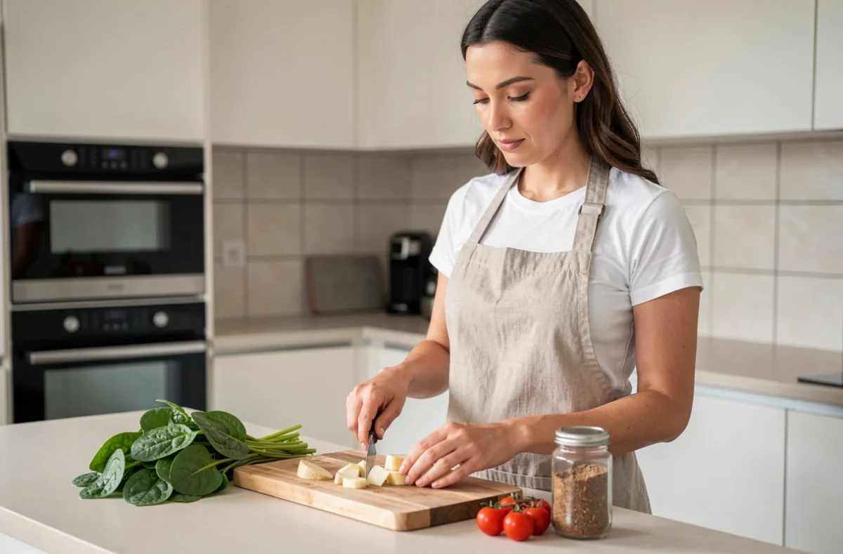 Femme préparant des tranches d'igname bouillie avec des légumes frais pour un petit-déjeuner équilibré dans une cuisine moderne