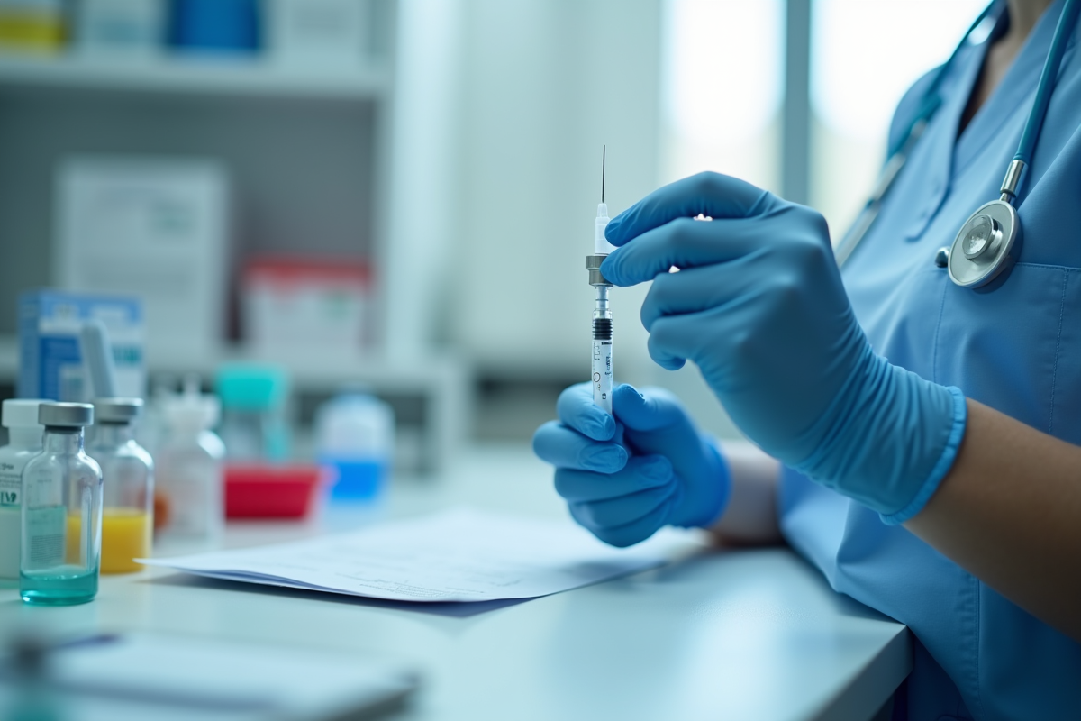 Gros plan sur infirmière préparant une seringue de vaccin