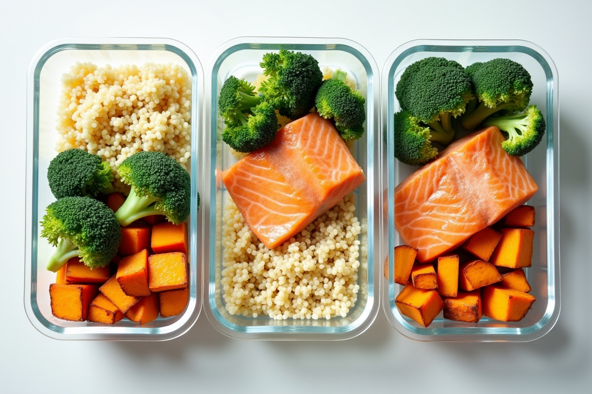 Repas sain avec quinoa brocolis patates douces et saumon