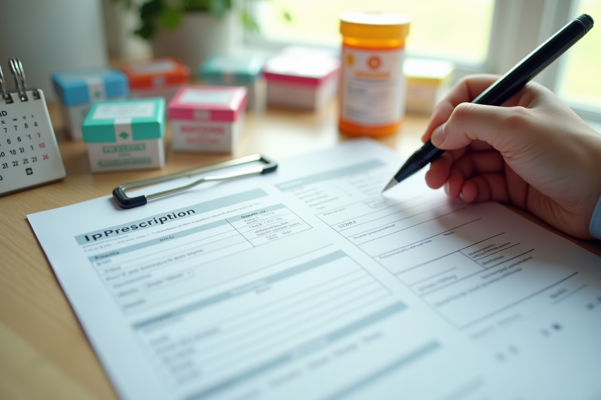 Formulaire de prescription avec médicaments et calendrier sur un bureau