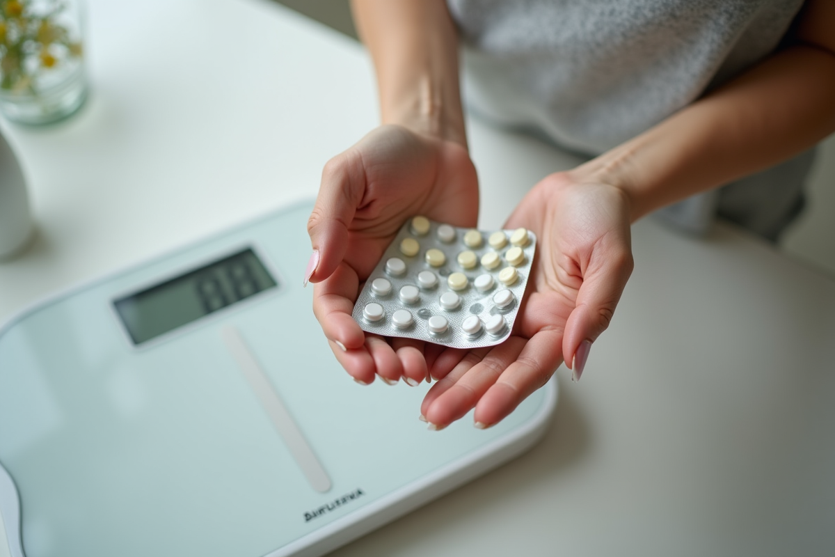 Mains tenant des plaquettes de pilules contraceptives sur un comptoir