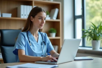 Infirmiere en scrubs bleus au bureau de soins