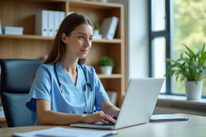 Infirmiere en scrubs bleus au bureau de soins
