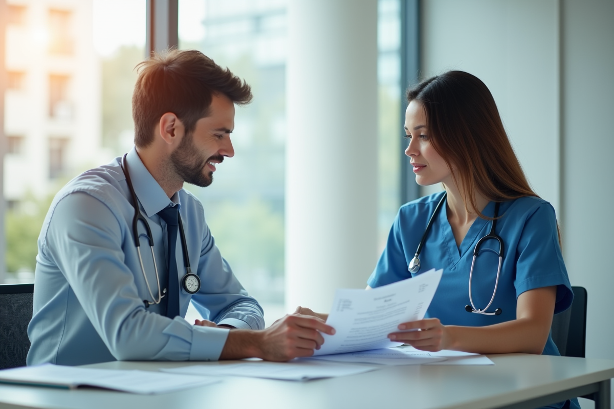 Deux professionnels de santé discutent de finances à une table lumineuse