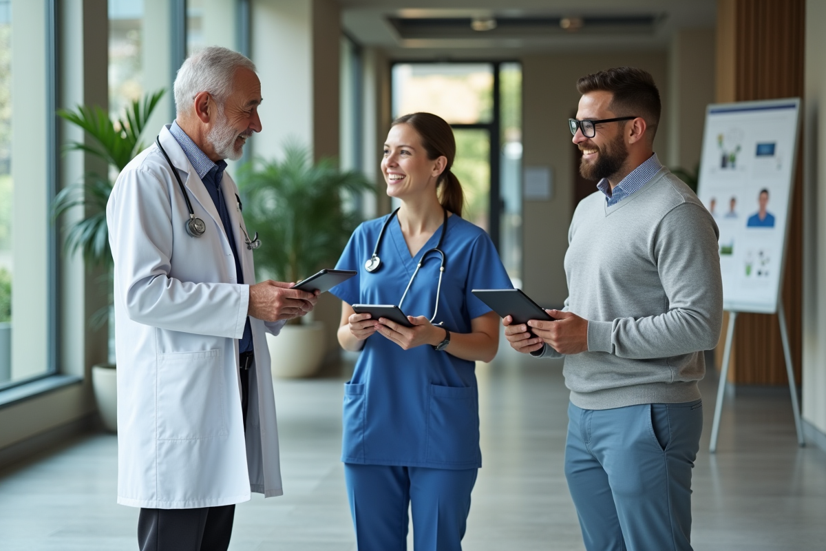 Professionnels de la santé discutant dans un hall d