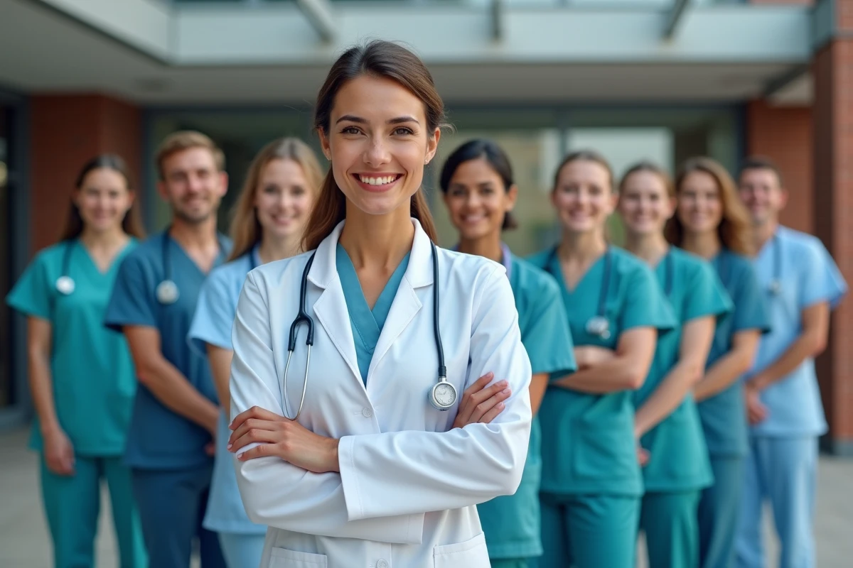 Equipe de professionnels de santé devant un hôpital moderne