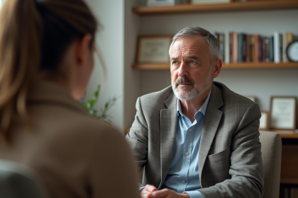 Psychiatre homme en consultation avec une patiente femme