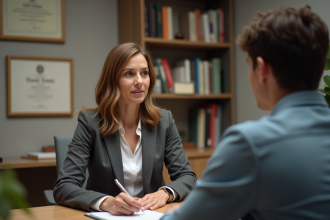 Psychologue femme en discussion avec un jeune homme dans un bureau calme