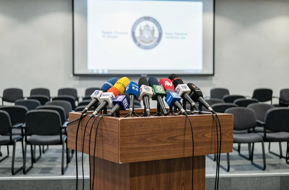 Pupitre vide avec microphones de presse dans une salle de conférence institutionnelle, chaises inoccupées en arrière-plan, ambiance d'attente