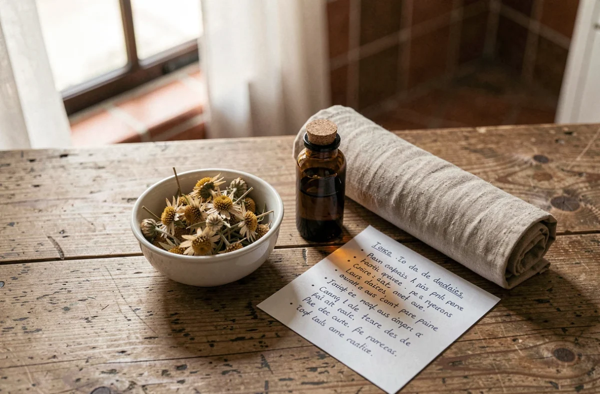 Remèdes naturels pour traiter la tendinopathie de la patte d'oie, avec arnica et huiles essentielles sur une table en bois