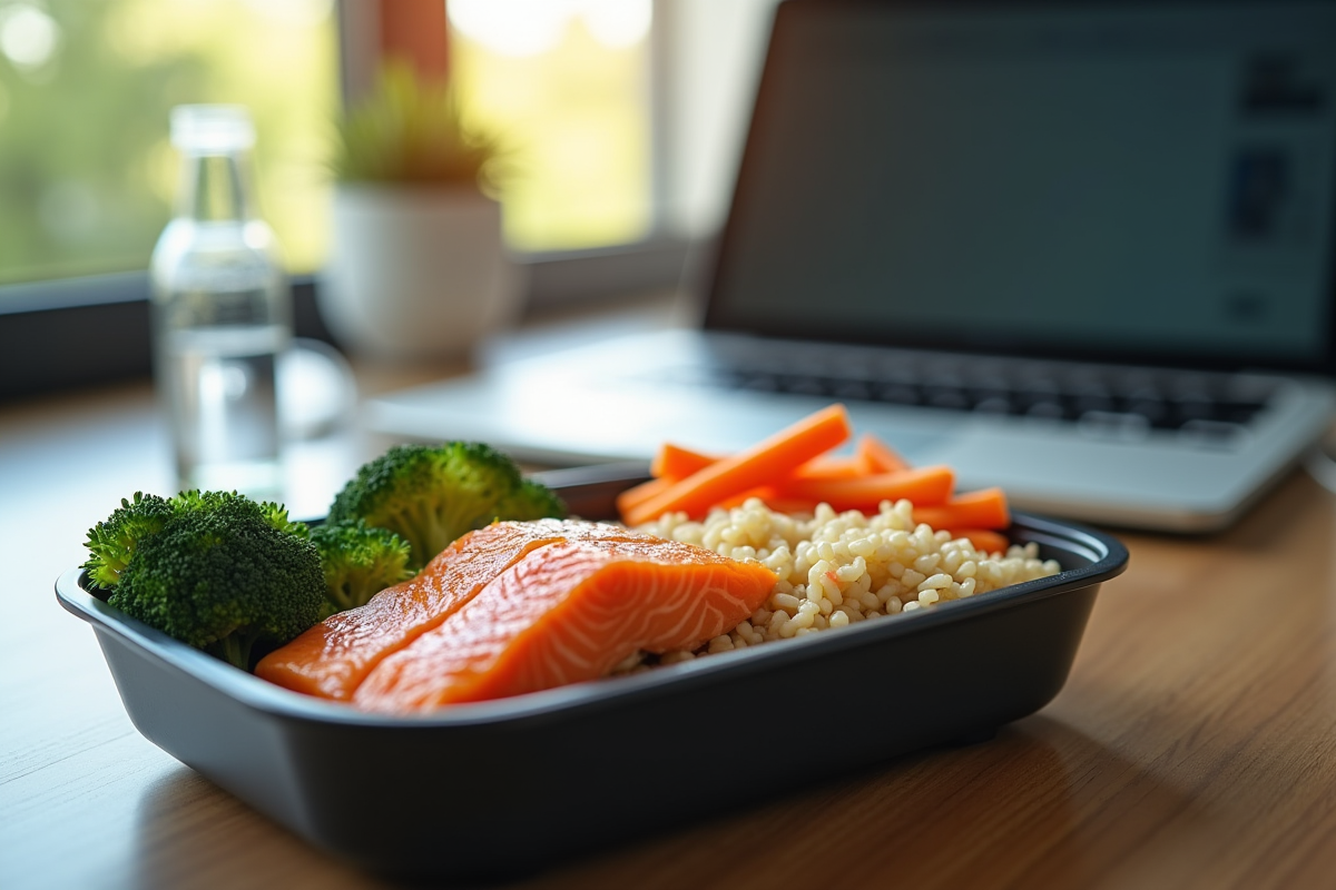 Repas sain dans une boîte avec saumon et légumes