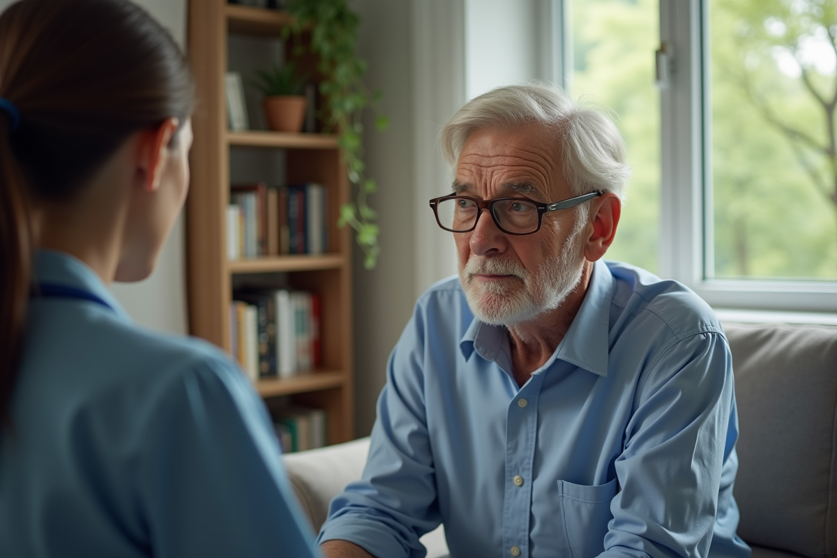 Homme retraité en discussion avec un professionnel de santé à domicile