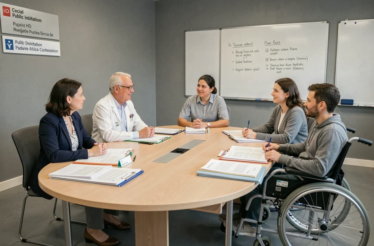Réunion de la CDAPH en séance plénière avec professionnels médico-sociaux et personne en situation de handicap