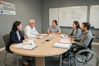 Réunion de la CDAPH en séance plénière avec professionnels médico-sociaux et personne en situation de handicap