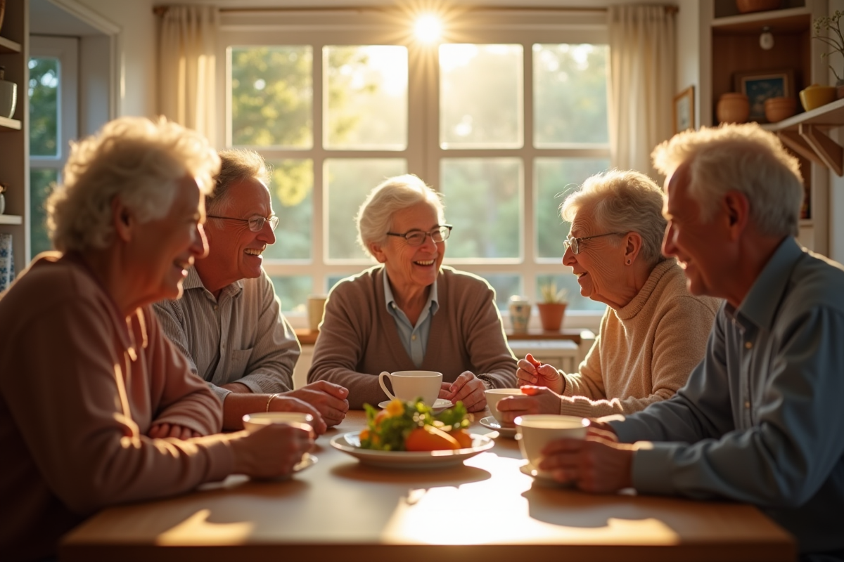 Groupe de seniors partageant un moment convivial en cuisine lumineuse
