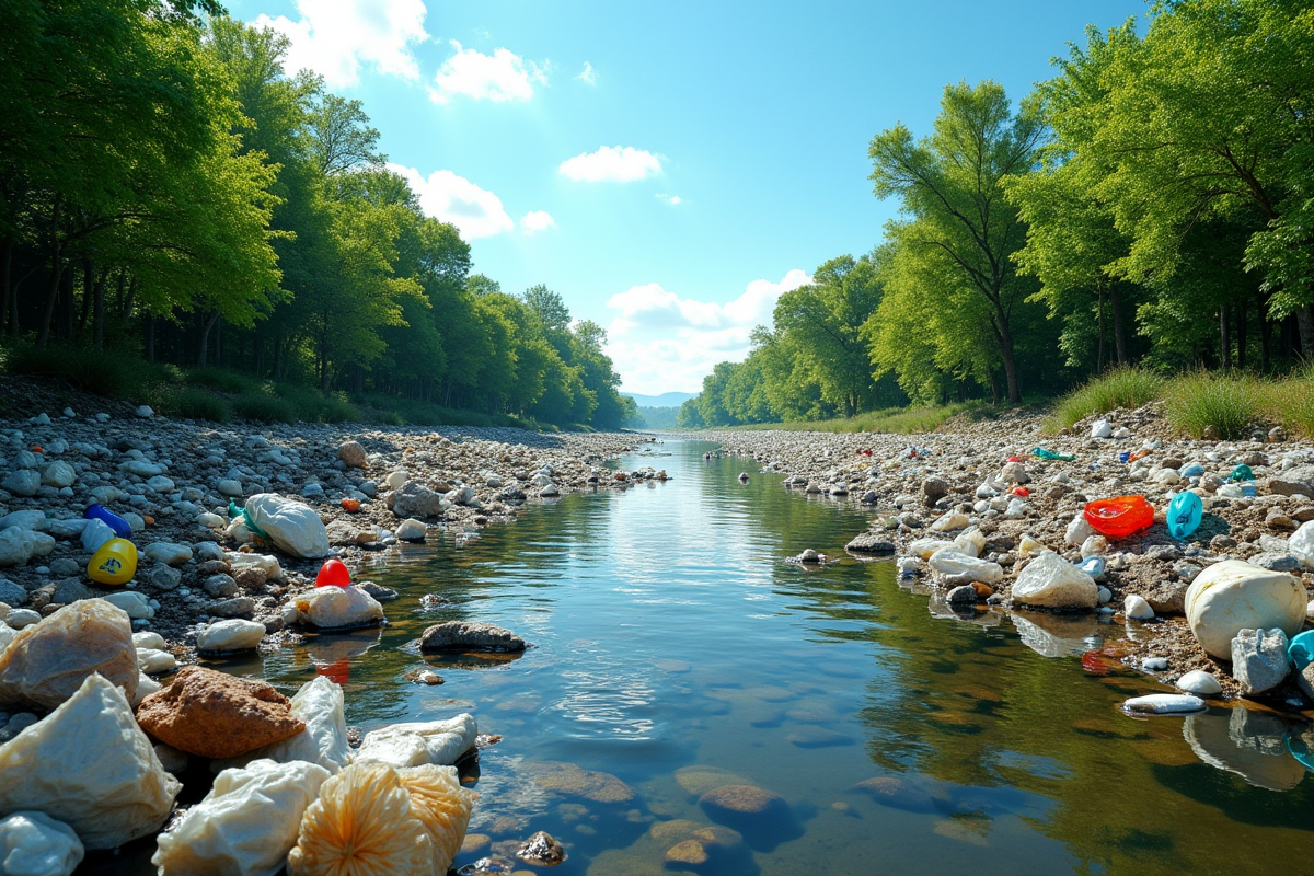 Rivière polluée avec déchets plastiques et arbres verts