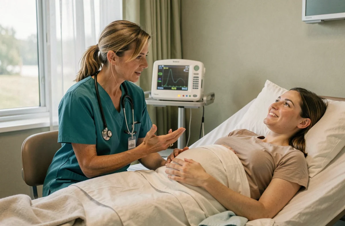 Sage-femme en discussion avec une patiente enceinte dans une chambre de maternité lors d'un suivi de fin de grossesse