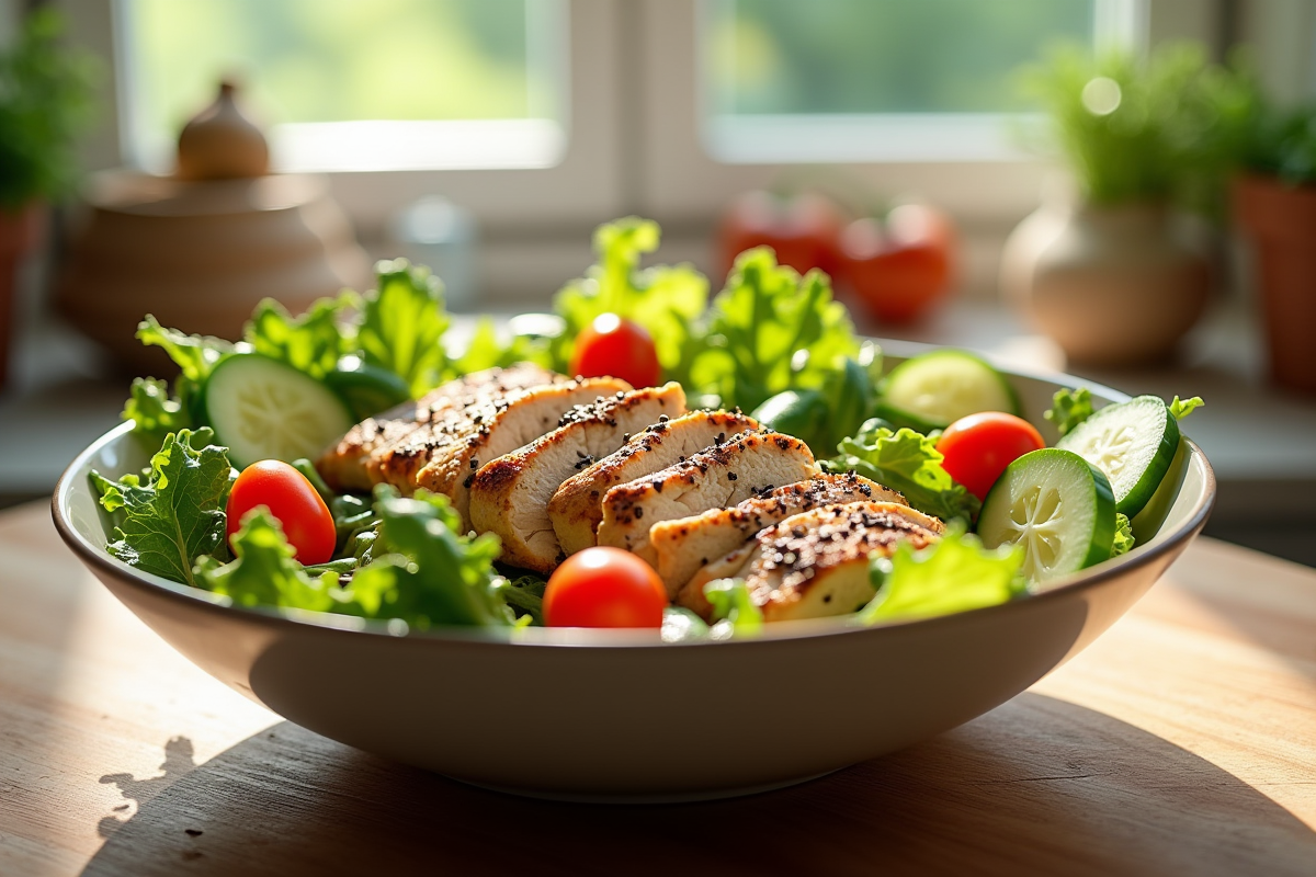 Bol de salade fraîche colorée avec légumes et poulet