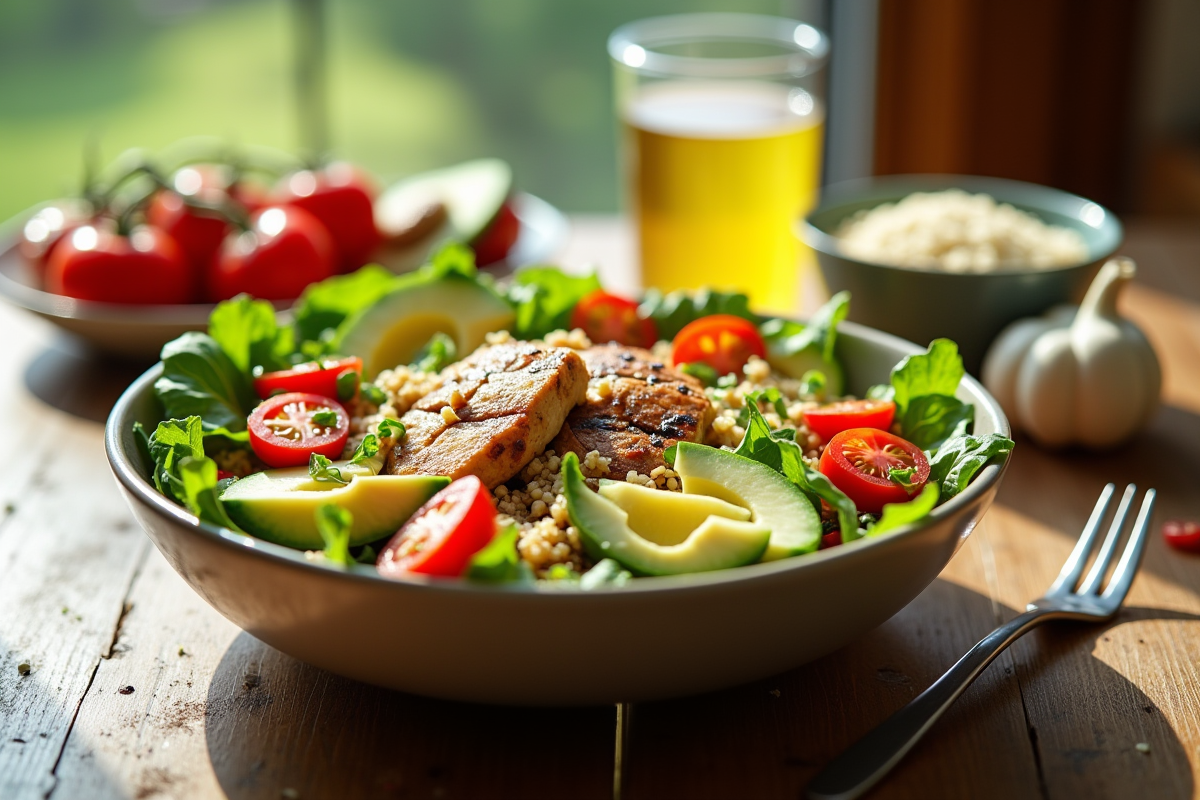 Salade colorée avec poulet grillé et légumes frais