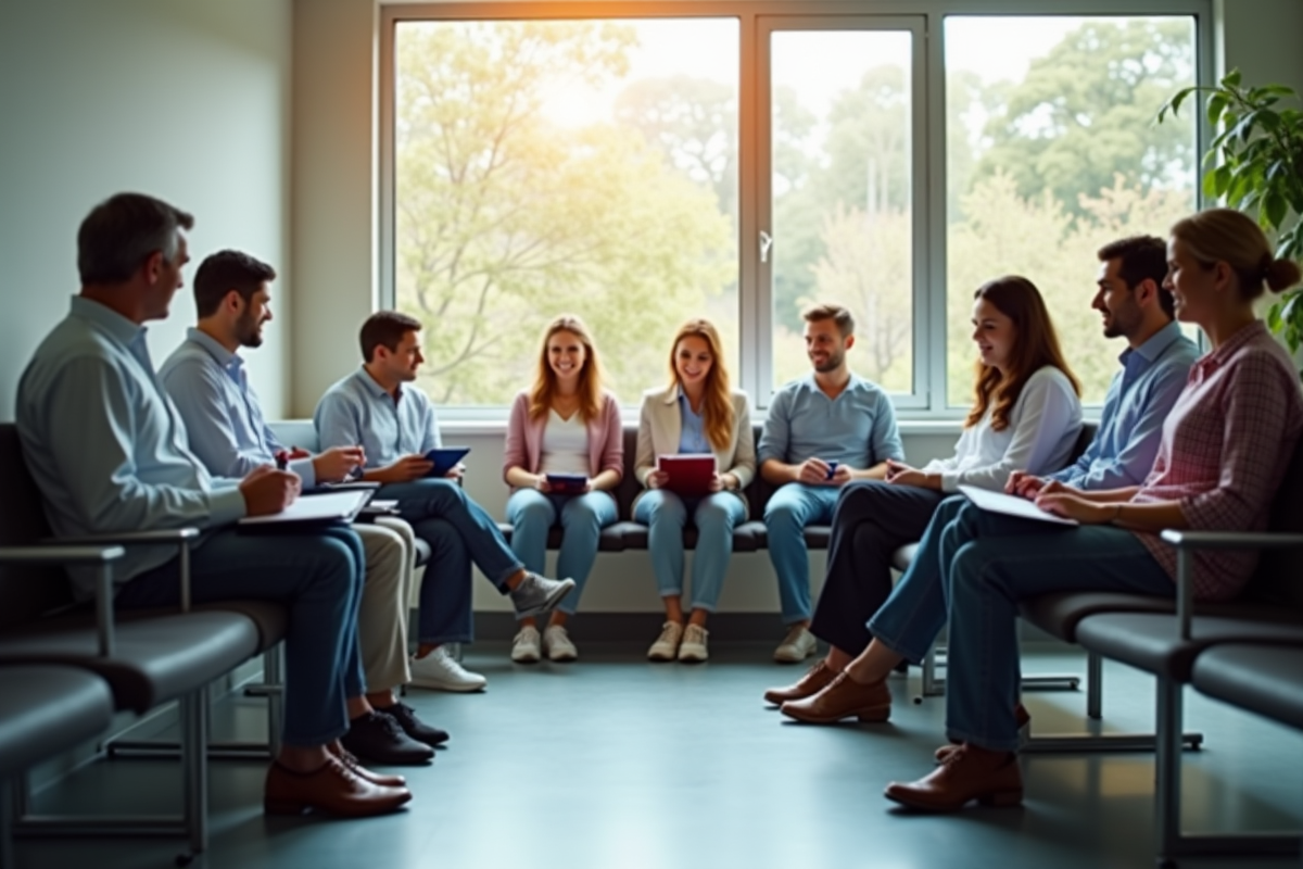 Groupe de personnes diverses dans une salle d'attente médicale