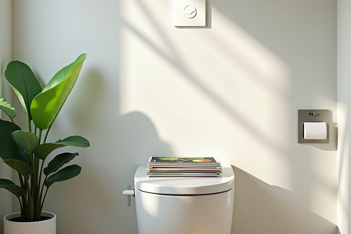 Salle de bain moderne avec plantes vertes et ambiance fraîche