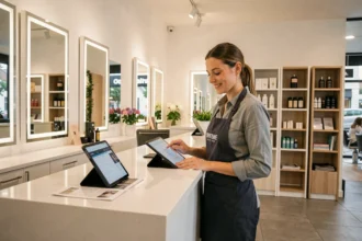 Réception du salon Cap Horn à Champs-sur-Marne avec une coiffeuse consultant le carnet de rendez-vous