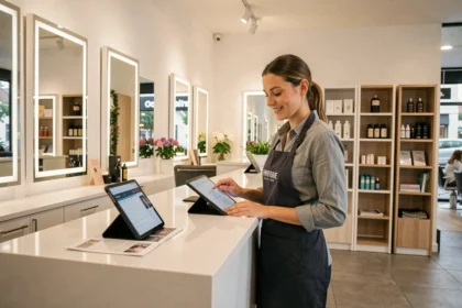 Réception du salon Cap Horn à Champs-sur-Marne avec une coiffeuse consultant le carnet de rendez-vous
