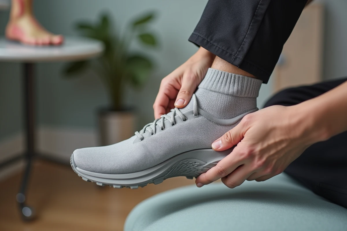 Pose d'une semelle orthopédique dans une chaussure de running pour protéger le tendon d'Achille et prévenir la bursite après 50 ans