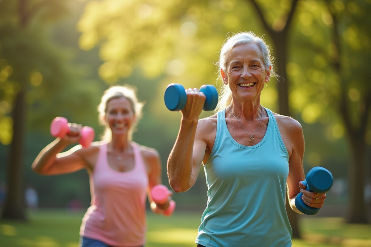 Senior homme et femme faisant de l'exercice dans un parc ensoleille