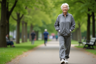 Femme senior active marchant dans un parc verdoyant