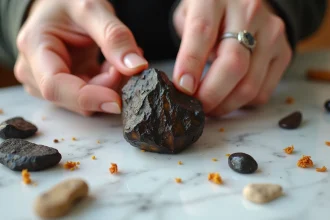 Morceau de shilajit pur de couleur brun ambré tenu entre les doigts sur une surface en marbre blanc avec des pierres himalayennes