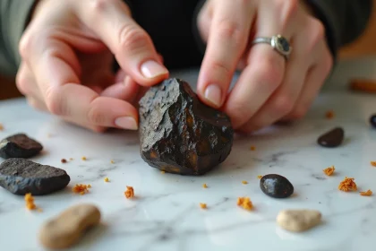 Morceau de shilajit pur de couleur brun ambré tenu entre les doigts sur une surface en marbre blanc avec des pierres himalayennes