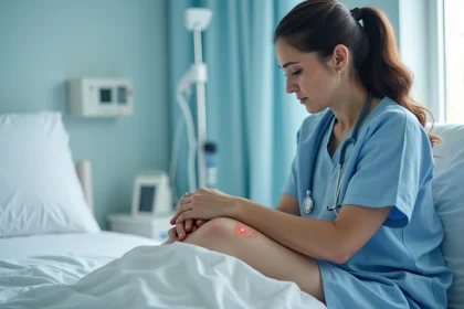 Femme examinant une escarre sur la cuisse en milieu hospitalier