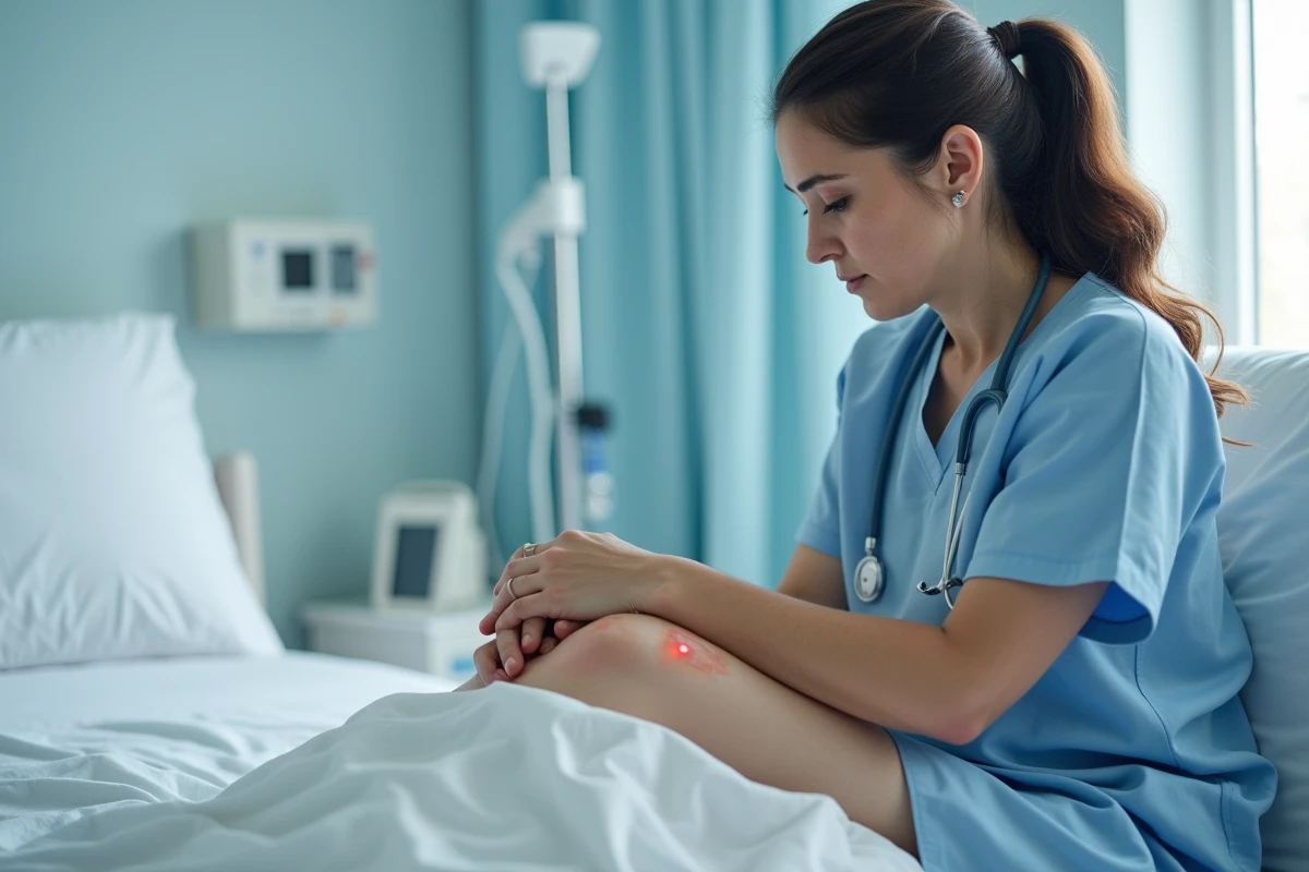 Femme examinant une escarre sur la cuisse en milieu hospitalier