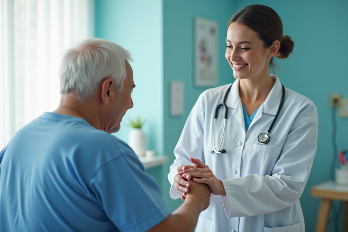Infirmière compatissante tenant la main d'un patient âgé dans une salle lumineuse