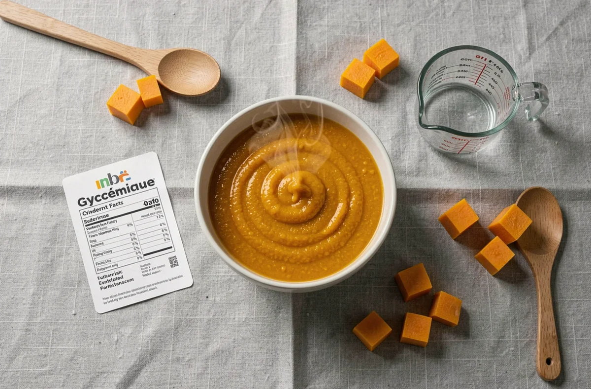 Soupe de butternut avec fiche d'index glycémique et mesures de portions pour un repas équilibré faible en calories