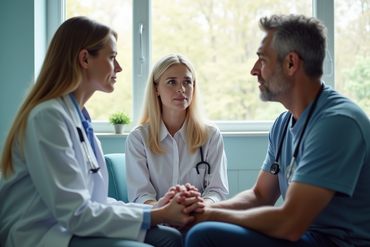 Femme inquiète avec son partenaire lors d'une consultation médicale