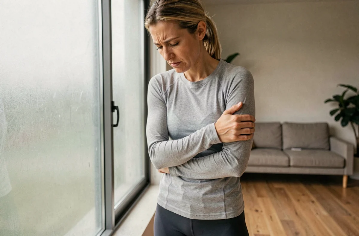Femme en tenue de sport serrant son thorax avec douleur dans un intérieur moderne, illustrant les symptômes d'une côte fêlée