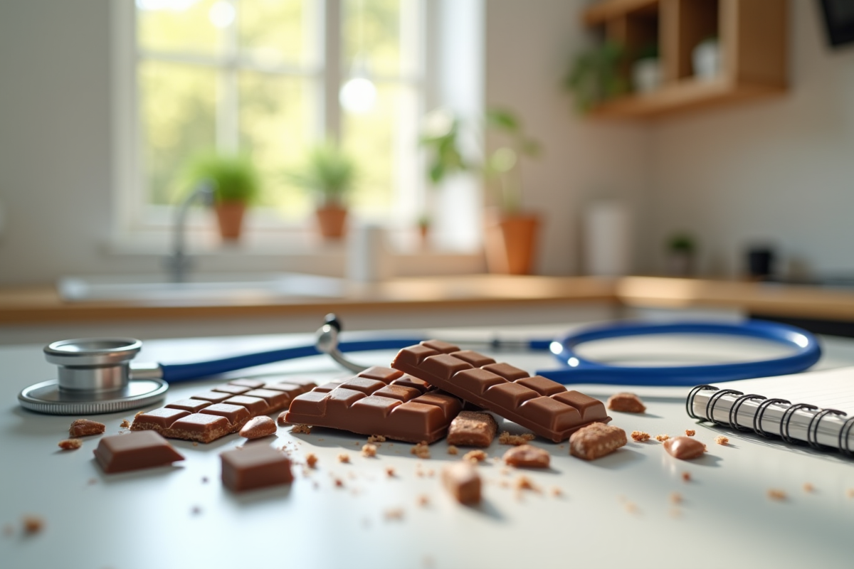 Assortiment de chocolats cassés avec stéthoscope et carnet dans la cuisine