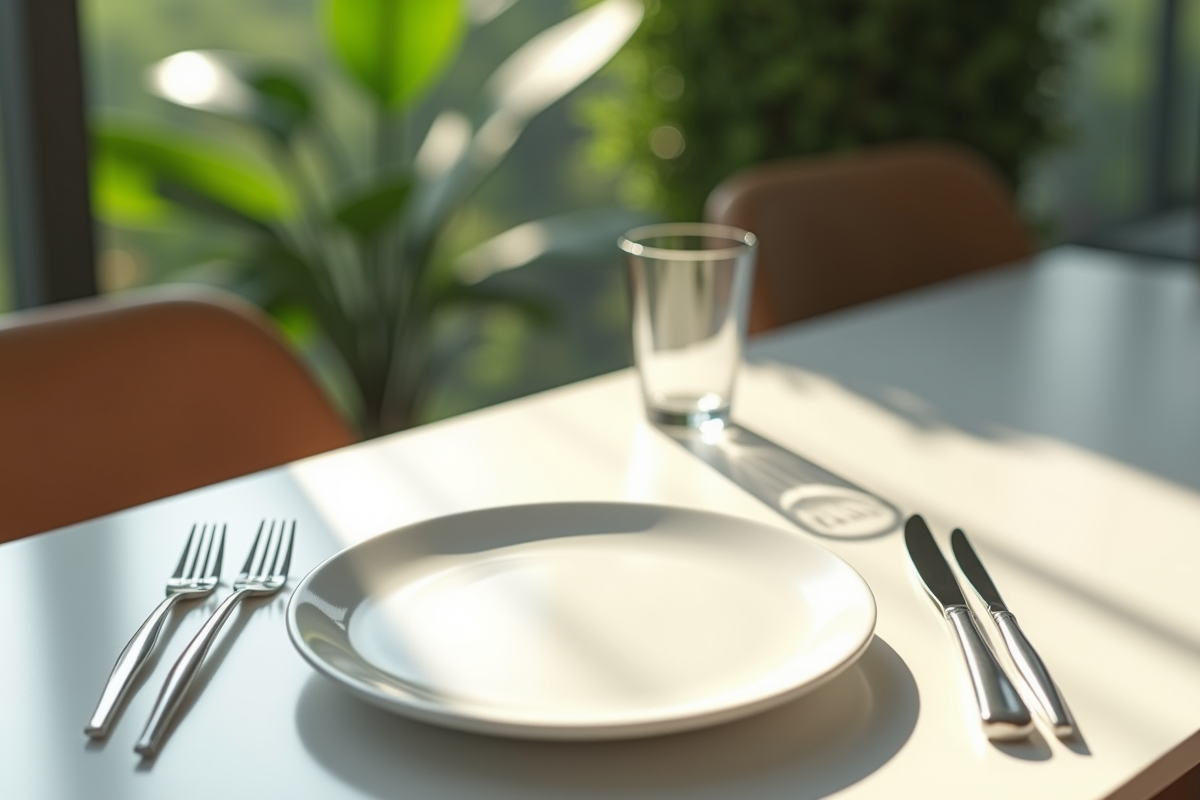 Table moderne pour un repas équilibré avec plantes vertes