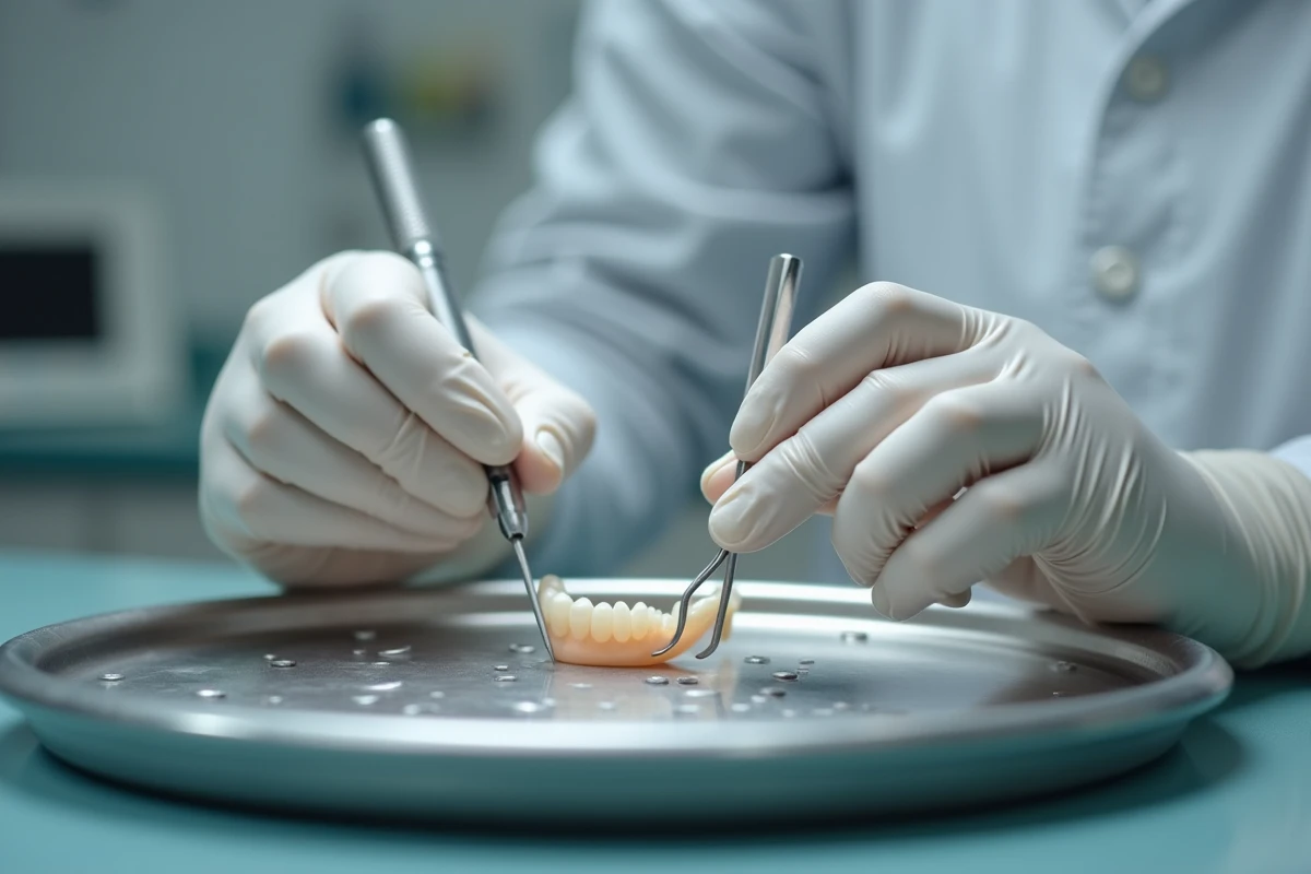 Technicien dentaire organisant des instruments Capdentaire sur plateau en laboratoire dentaire